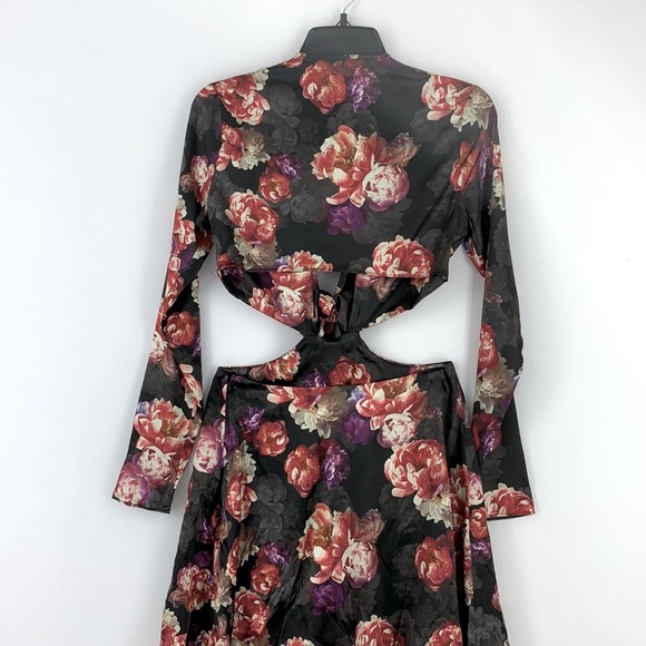 LPA Floral 100% Silk Cutout Mini Dress Long Sleeve Size Small - Picture 5 of 6